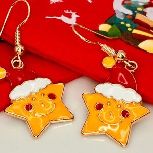 🎄DEAL Festive Enamel Star with Santa Hat Dangle Fishhook Drop Christmas Earrings